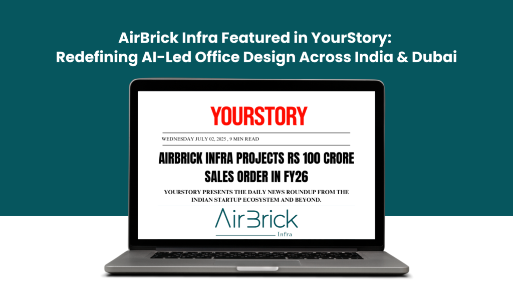 Mockup of YourStory feature article on AirBrick Infra’s AI-first office design innovation and Dubai expansion