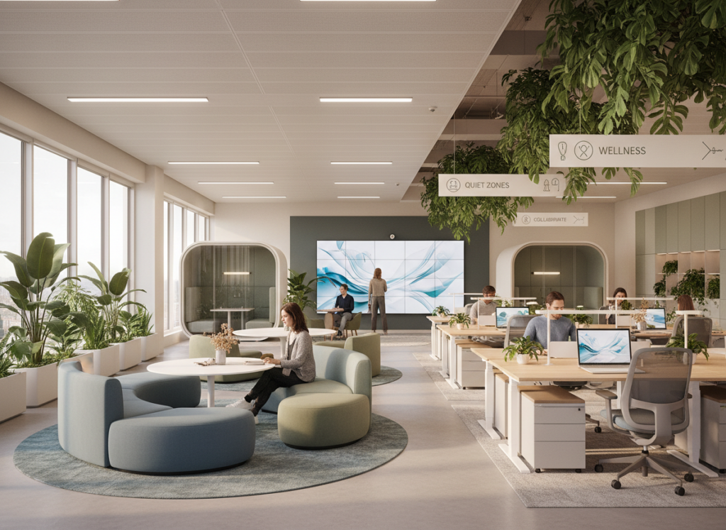A neurodiverse-inclusive modern office featuring biophilic design, ergonomic sit-stand desks, quiet acoustic pods, natural lighting and color-coded wayfinding paths, supporting employee well-being and diverse work styles.
