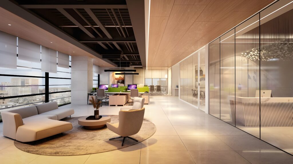 Modern open-plan corporate office interior with collaborative and workstation zones, illustrating office fit-out in India's record 2026 leasing market