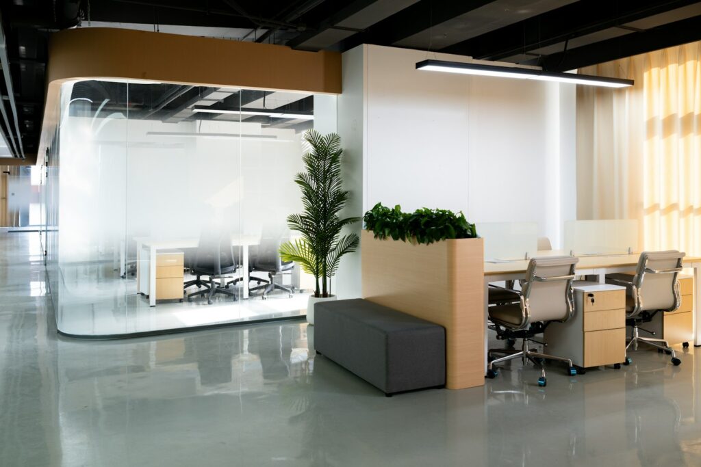 Office HVAC design in India: modern corporate office interior showing ceiling air conditioning distribution and MEP services